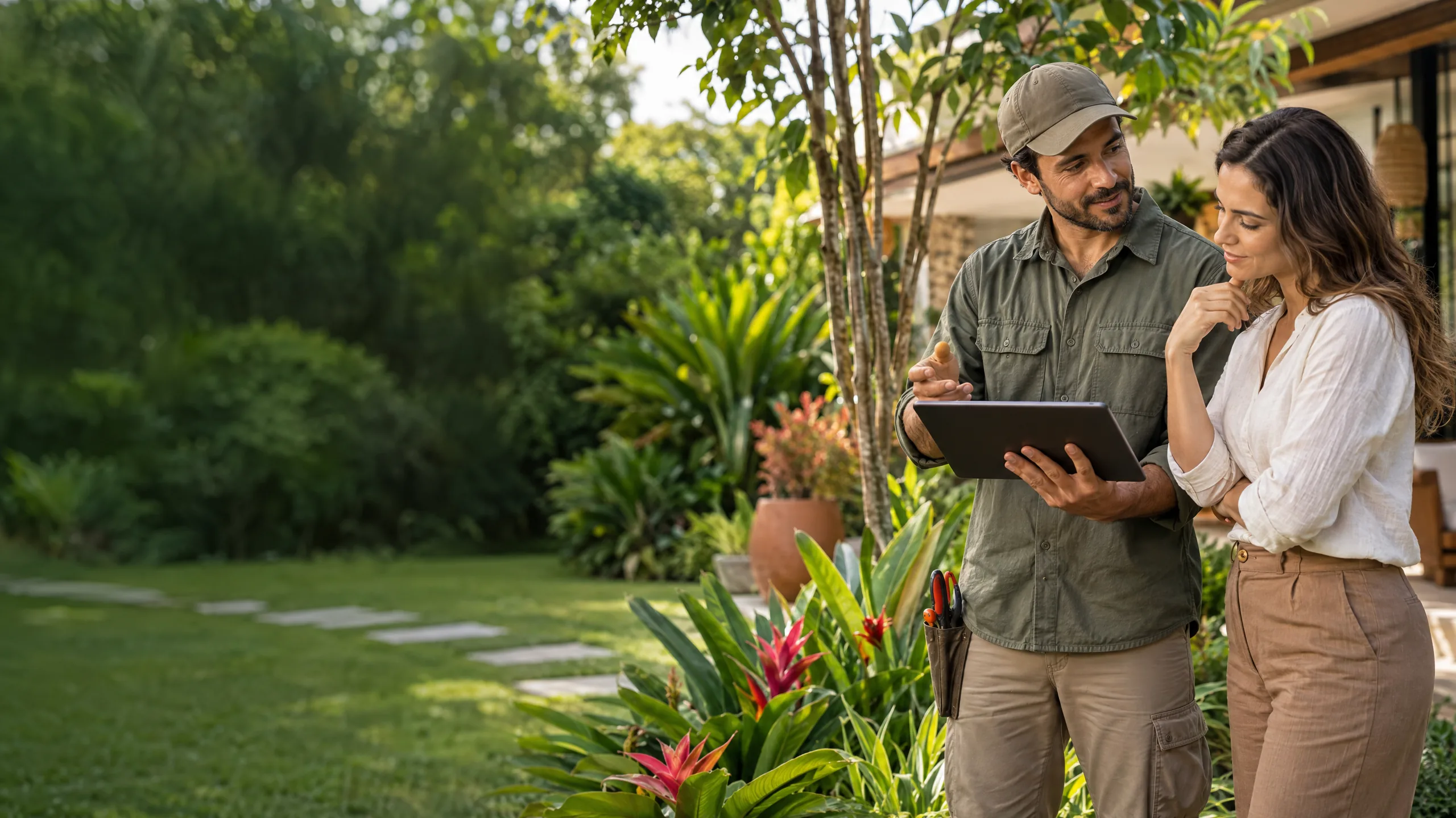 Paisagista conversa com uma cliente ao lado de um jardim e escuta suas ideias para o espaço.